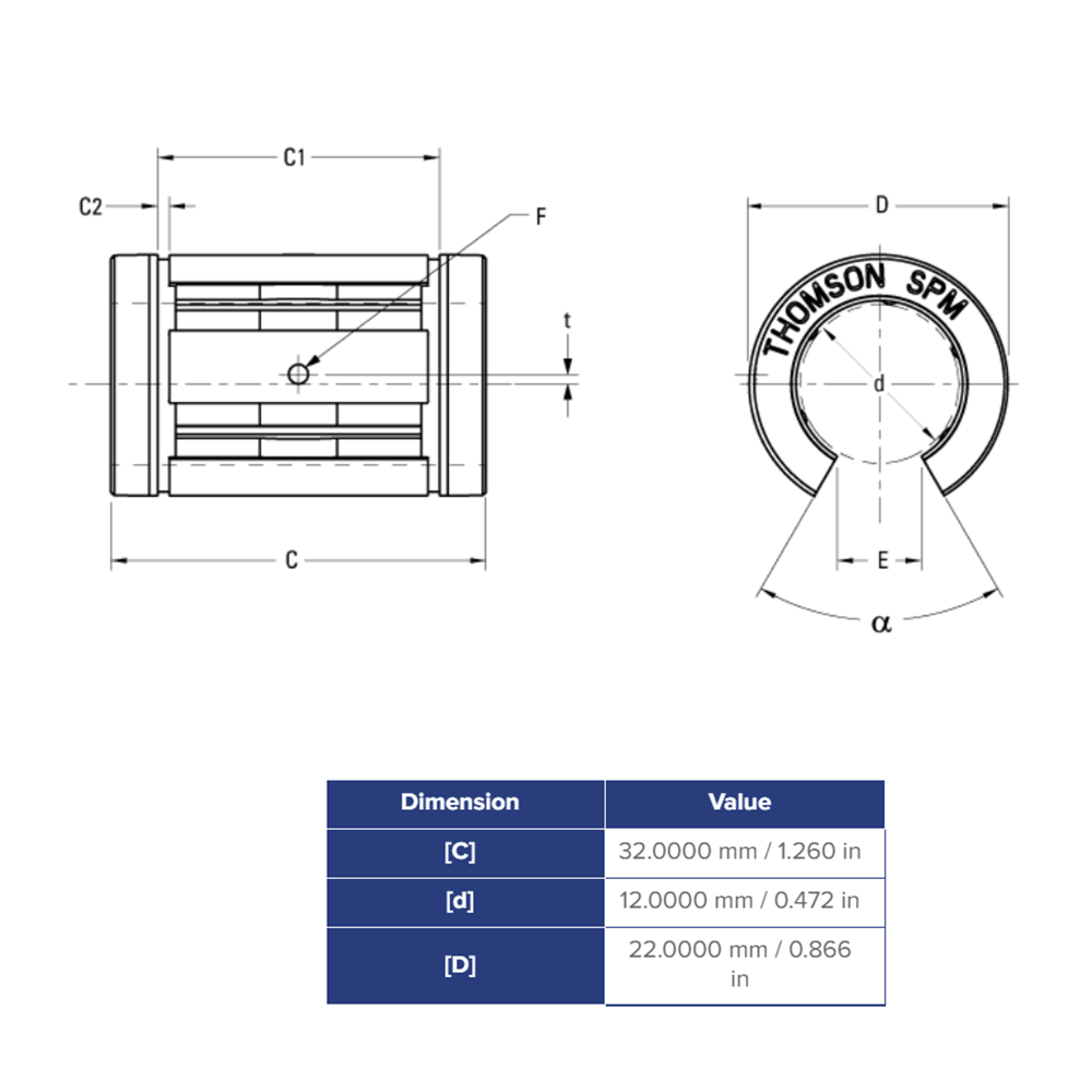 SPM12OPN THOMSON BALL BUSHING SPM SERIES 12MM OPEN LINEAR BEARING ADJUSTABLE 238.3 LBF